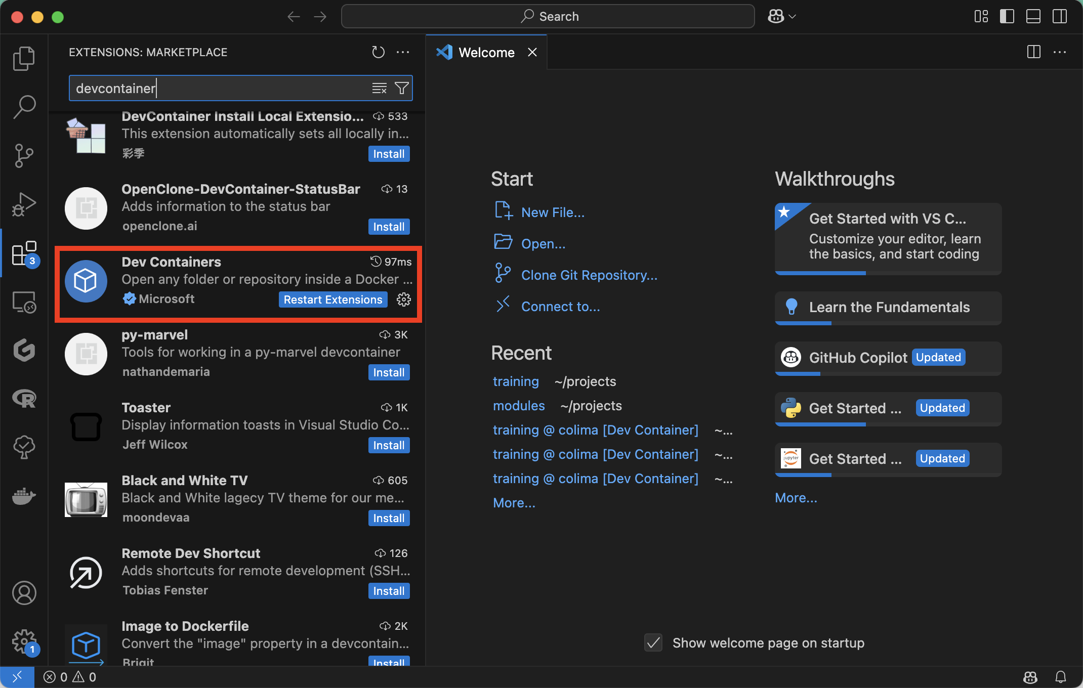 Installation der Dev Containers-Erweiterung in VS Code